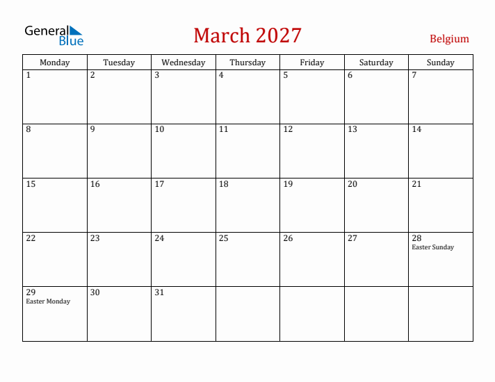 Belgium March 2027 Calendar - Monday Start