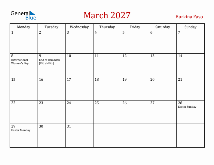 Burkina Faso March 2027 Calendar - Monday Start