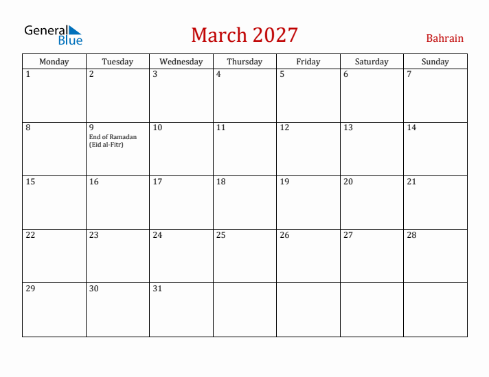 Bahrain March 2027 Calendar - Monday Start