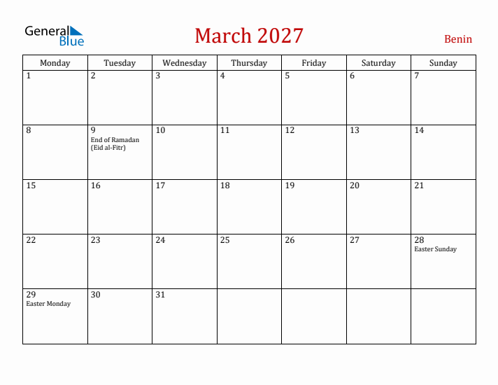 Benin March 2027 Calendar - Monday Start