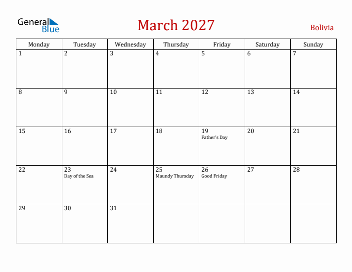 Bolivia March 2027 Calendar - Monday Start