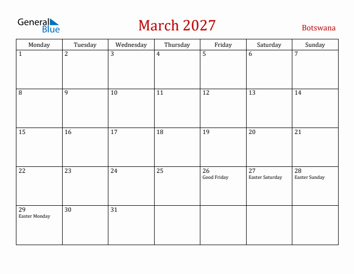Botswana March 2027 Calendar - Monday Start