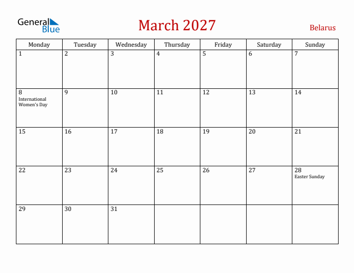 Belarus March 2027 Calendar - Monday Start