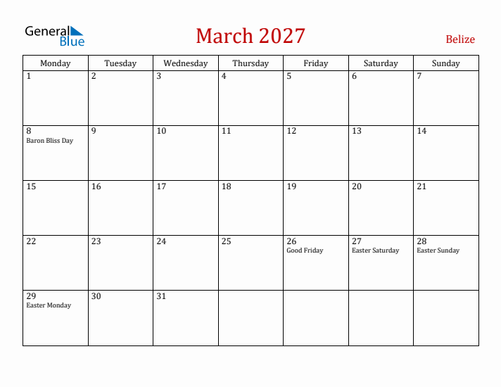Belize March 2027 Calendar - Monday Start