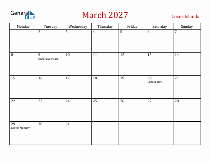 Cocos Islands March 2027 Calendar - Monday Start
