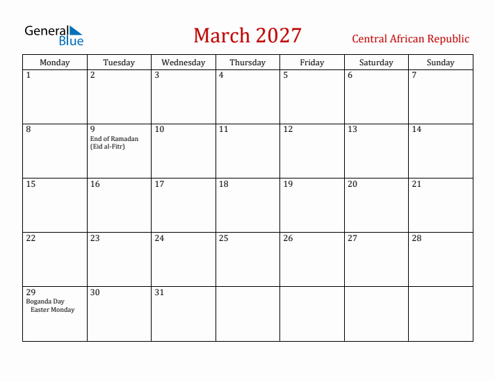 Central African Republic March 2027 Calendar - Monday Start