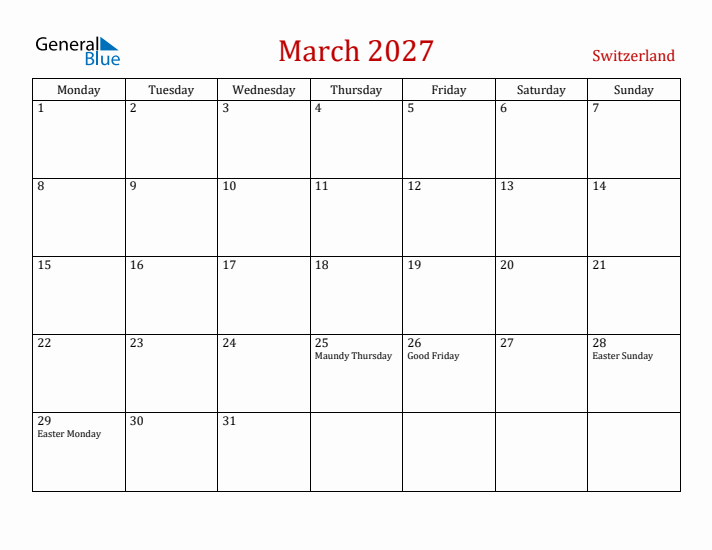 Switzerland March 2027 Calendar - Monday Start