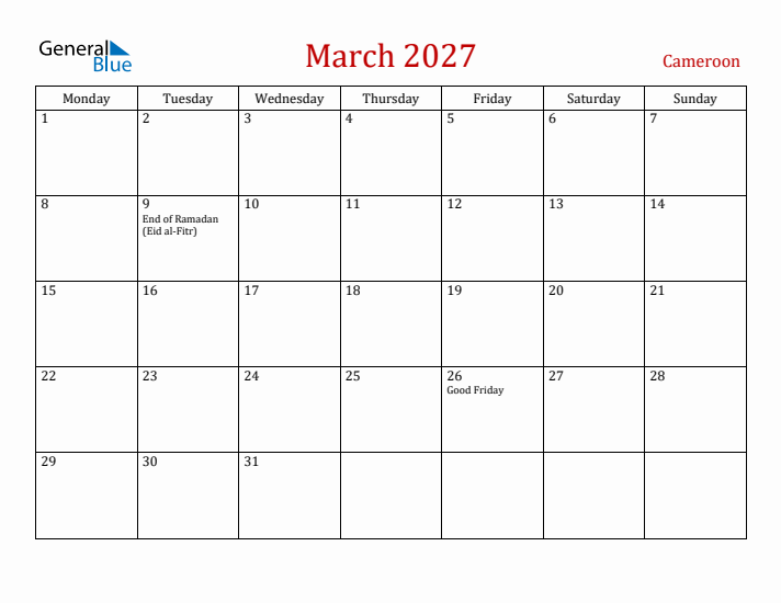 Cameroon March 2027 Calendar - Monday Start