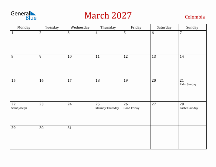 Colombia March 2027 Calendar - Monday Start