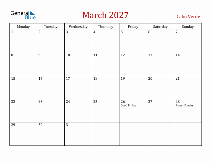 Cabo Verde March 2027 Calendar - Monday Start