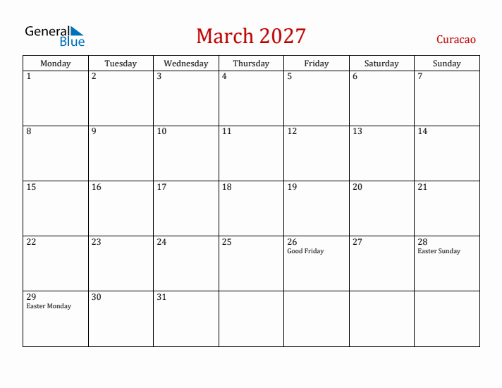 Curacao March 2027 Calendar - Monday Start