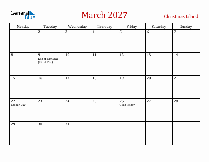 Christmas Island March 2027 Calendar - Monday Start