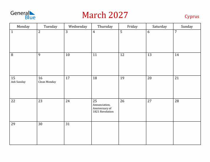Cyprus March 2027 Calendar - Monday Start