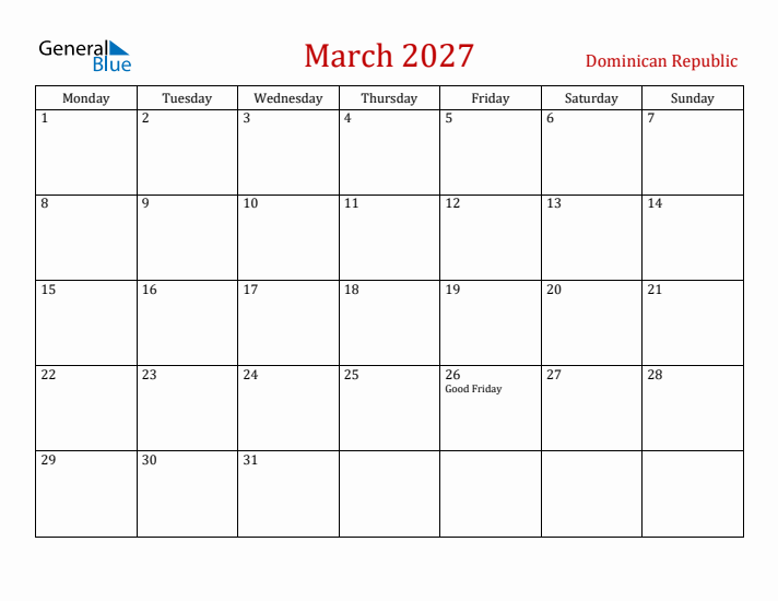 Dominican Republic March 2027 Calendar - Monday Start