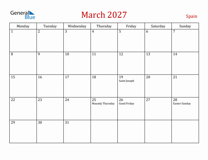 Spain March 2027 Calendar - Monday Start