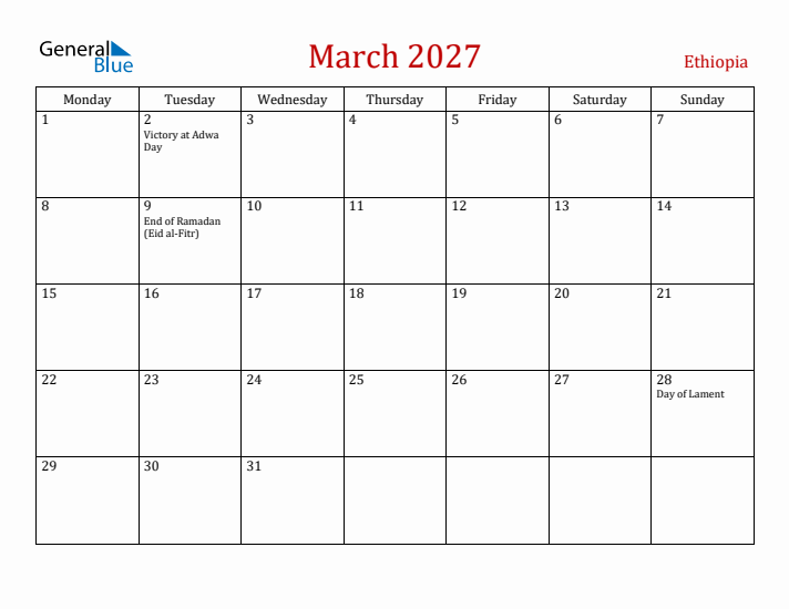 Ethiopia March 2027 Calendar - Monday Start