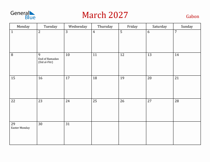 Gabon March 2027 Calendar - Monday Start