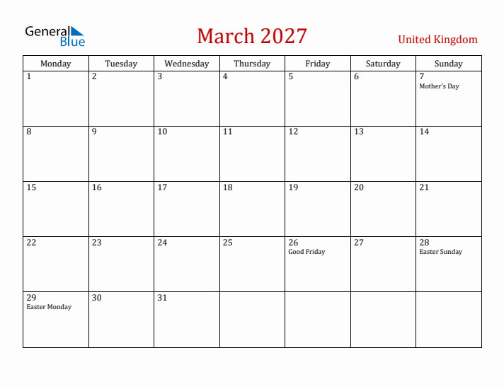 United Kingdom March 2027 Calendar - Monday Start