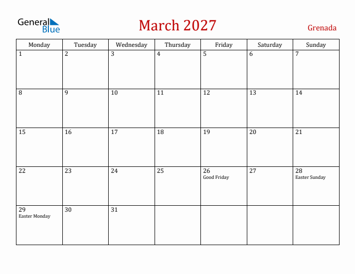 Grenada March 2027 Calendar - Monday Start