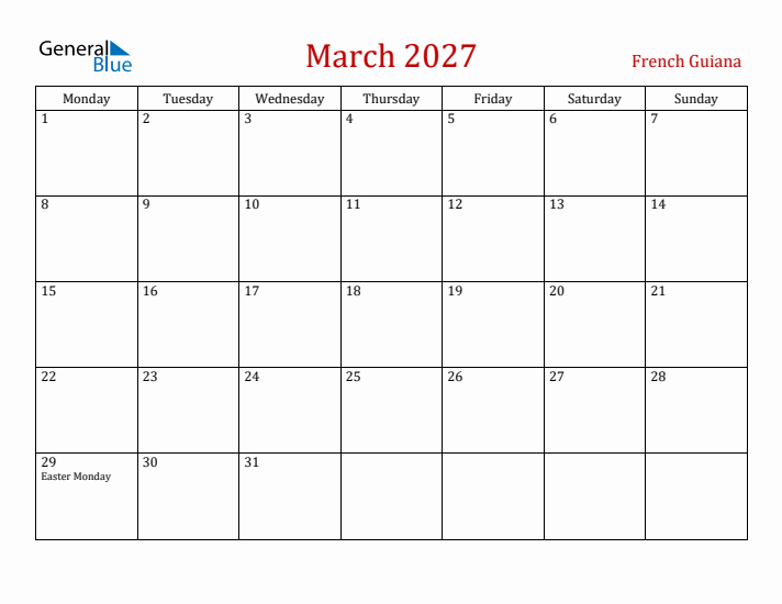 French Guiana March 2027 Calendar - Monday Start
