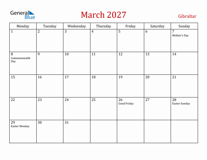 Gibraltar March 2027 Calendar - Monday Start