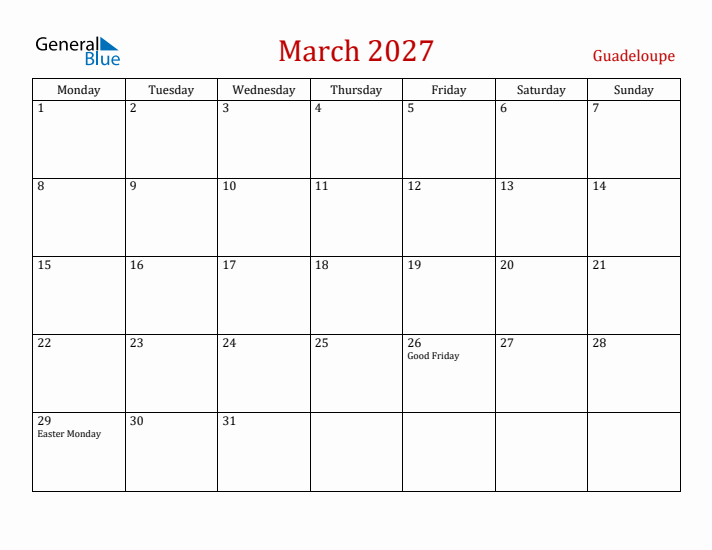 Guadeloupe March 2027 Calendar - Monday Start