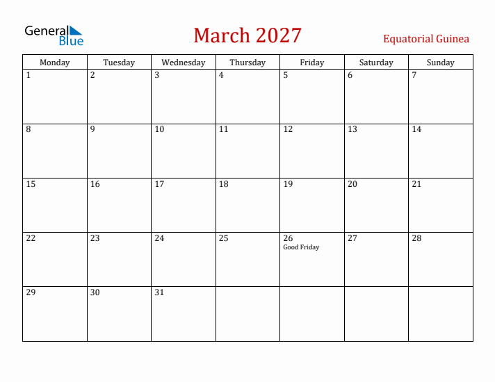 Equatorial Guinea March 2027 Calendar - Monday Start