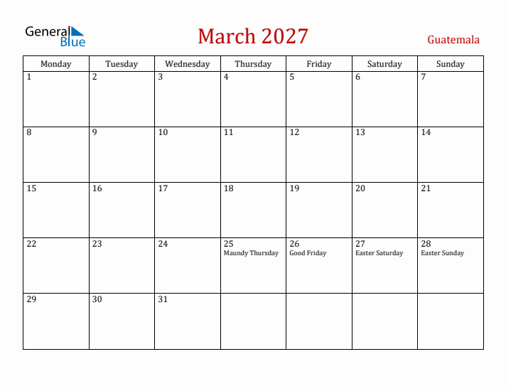 Guatemala March 2027 Calendar - Monday Start