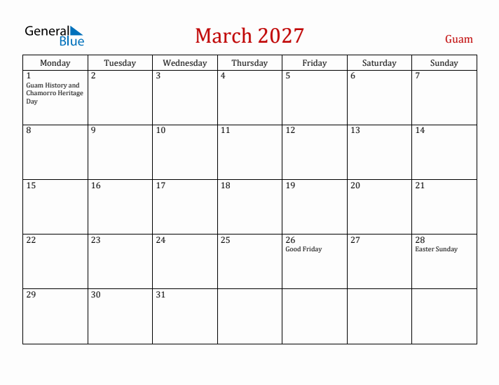Guam March 2027 Calendar - Monday Start