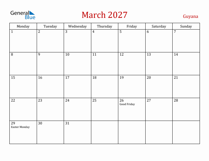 Guyana March 2027 Calendar - Monday Start