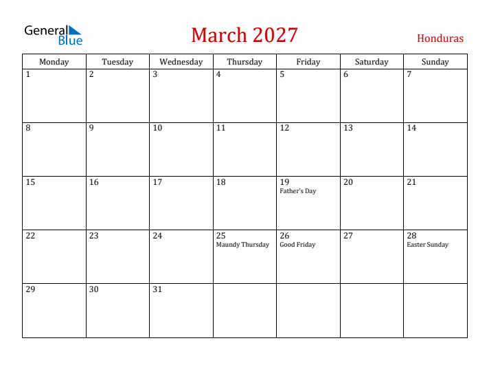 Honduras March 2027 Calendar - Monday Start