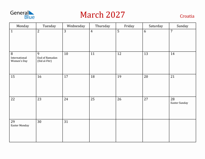 Croatia March 2027 Calendar - Monday Start