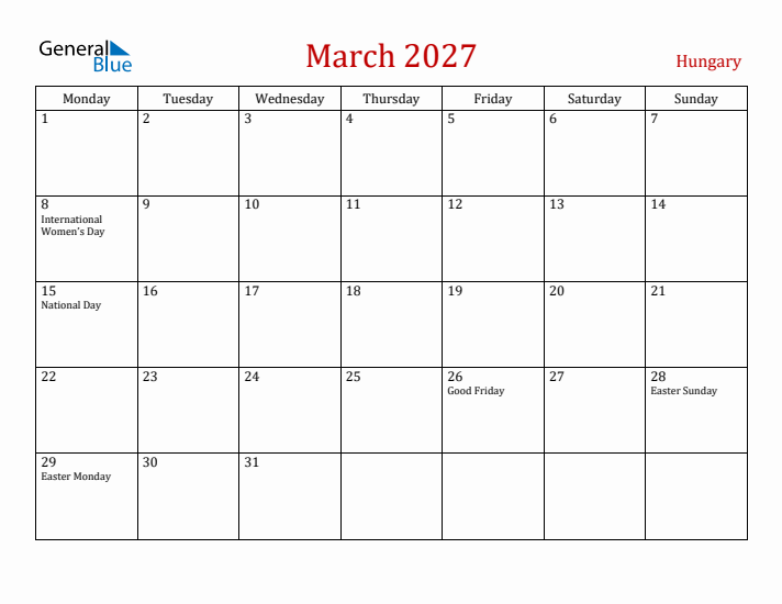 Hungary March 2027 Calendar - Monday Start