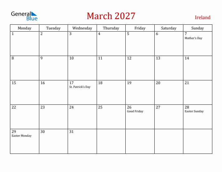 Ireland March 2027 Calendar - Monday Start