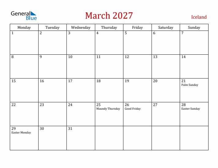 Iceland March 2027 Calendar - Monday Start