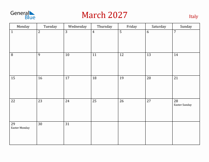 Italy March 2027 Calendar - Monday Start