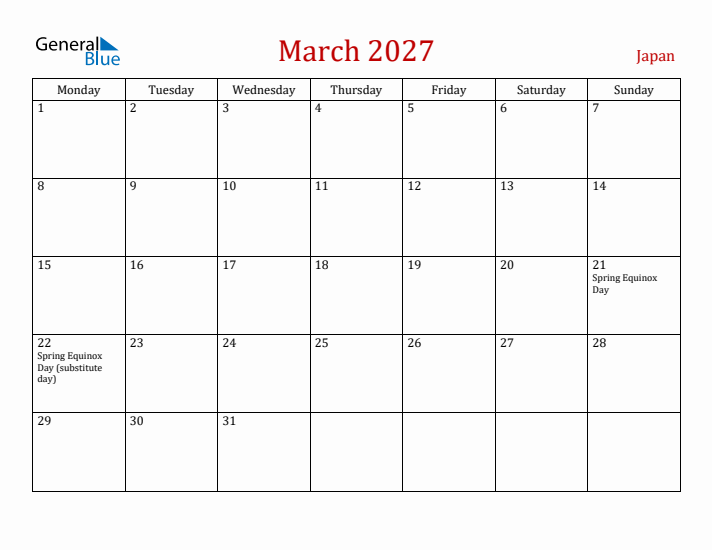 Japan March 2027 Calendar - Monday Start