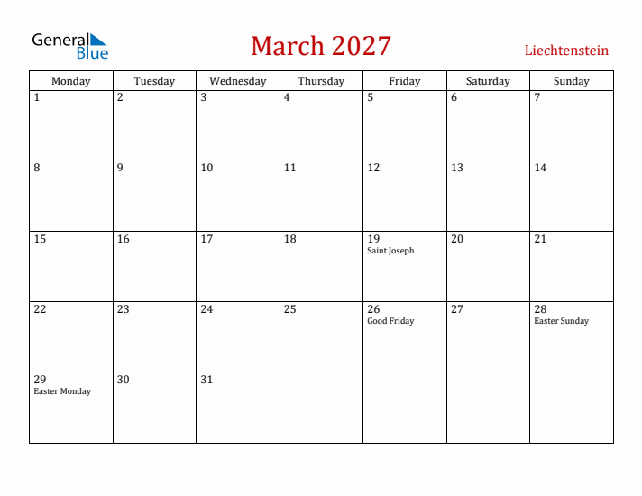 Liechtenstein March 2027 Calendar - Monday Start