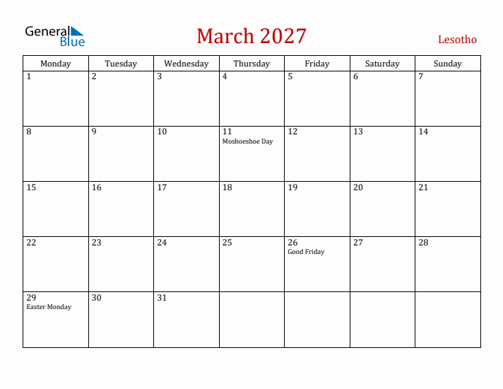 Lesotho March 2027 Calendar - Monday Start