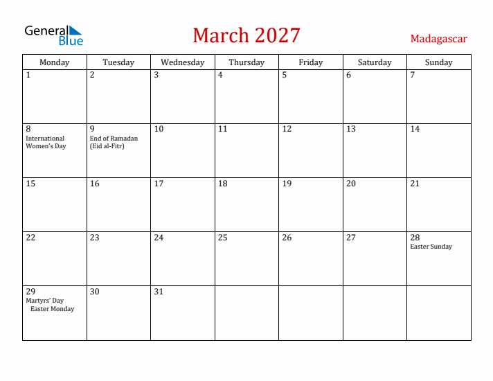 Madagascar March 2027 Calendar - Monday Start