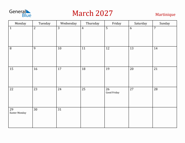 Martinique March 2027 Calendar - Monday Start