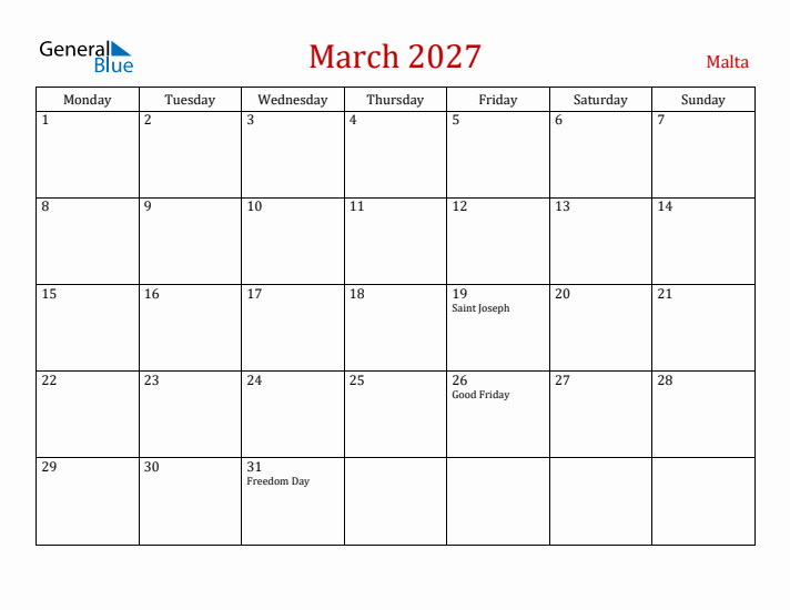 Malta March 2027 Calendar - Monday Start