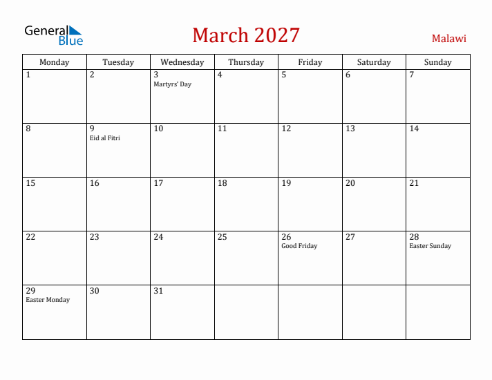 Malawi March 2027 Calendar - Monday Start