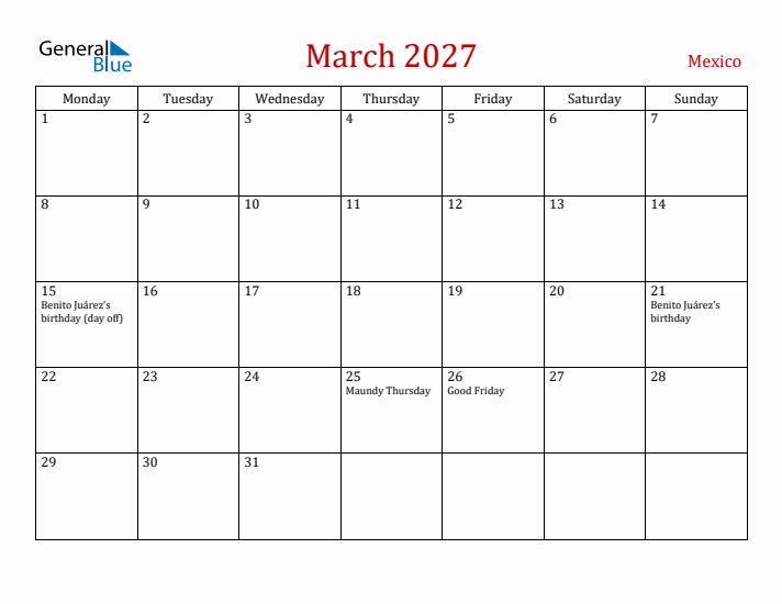 Mexico March 2027 Calendar - Monday Start