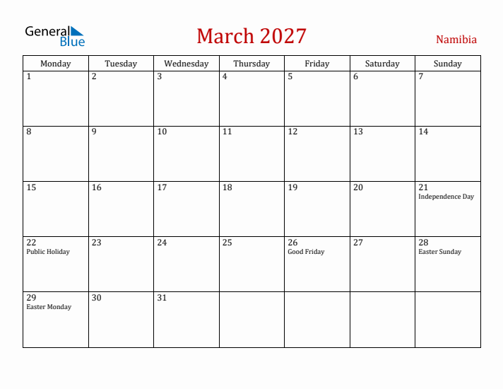 Namibia March 2027 Calendar - Monday Start