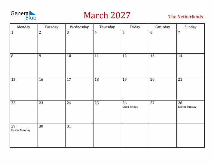 The Netherlands March 2027 Calendar - Monday Start