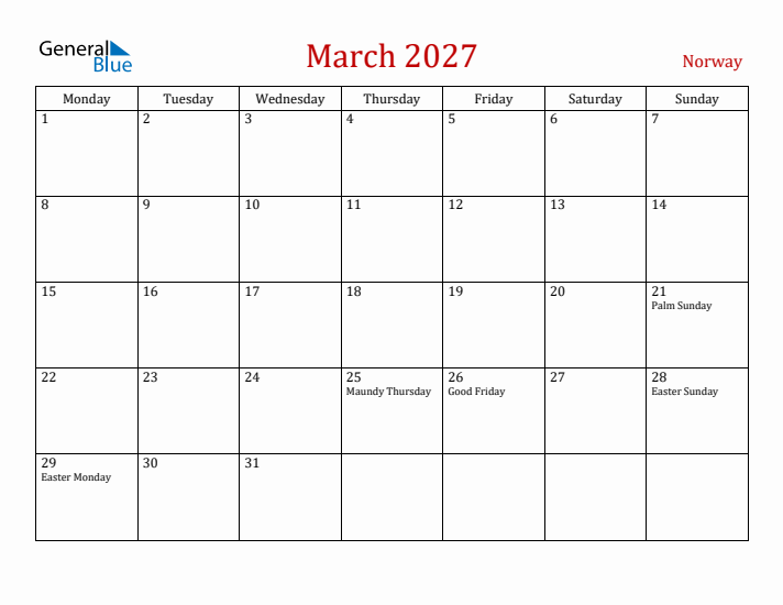 Norway March 2027 Calendar - Monday Start