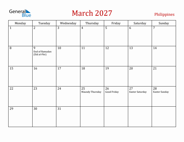 Philippines March 2027 Calendar - Monday Start