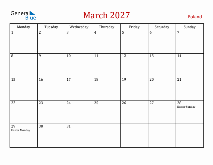 Poland March 2027 Calendar - Monday Start