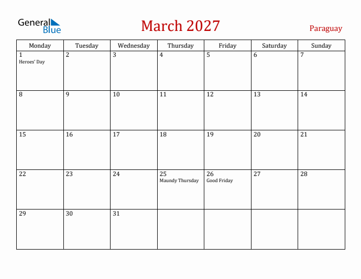 Paraguay March 2027 Calendar - Monday Start